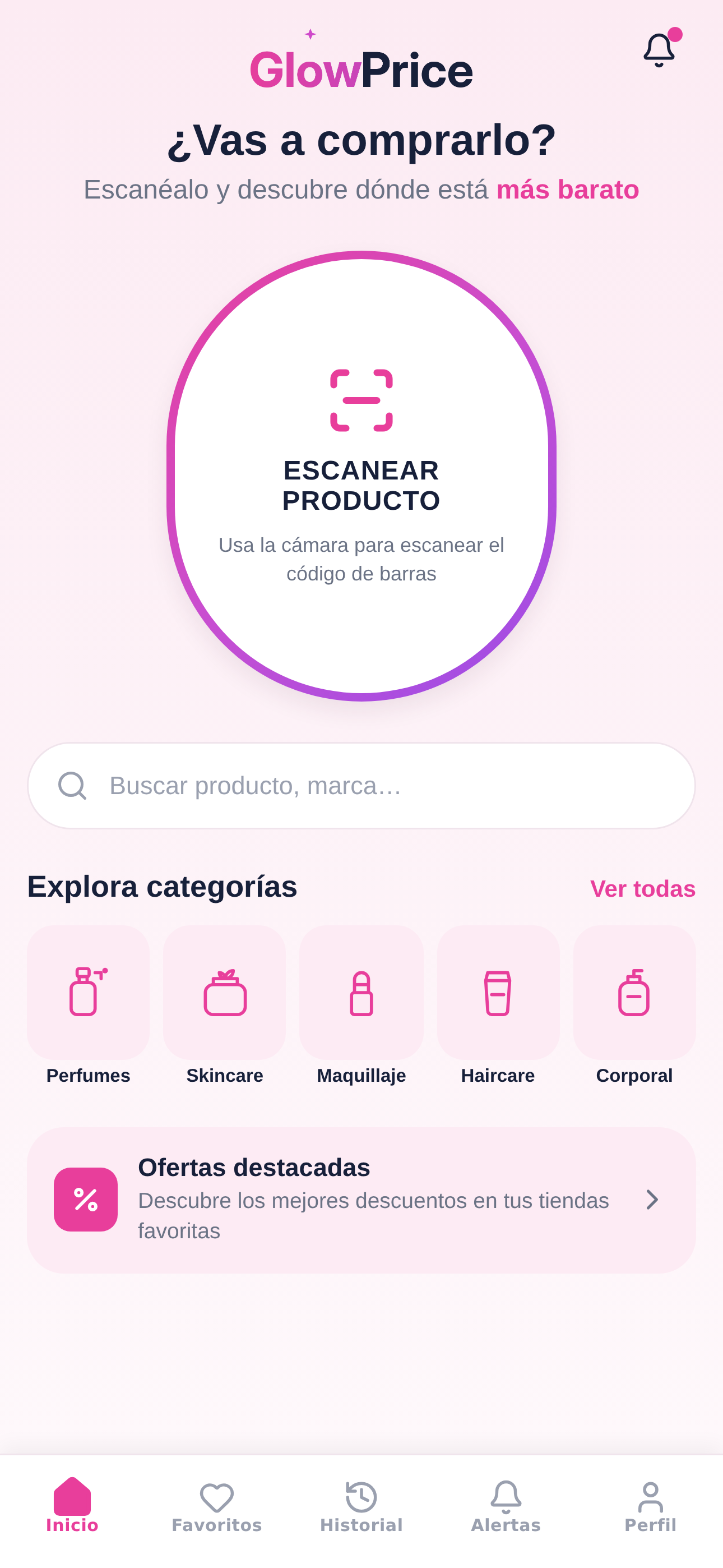 Pantalla de inicio de GlowPrice con el botón de escanear